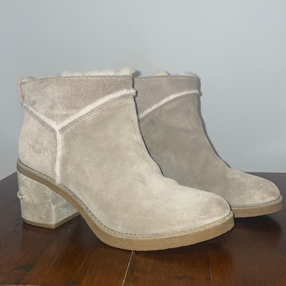 UGG Beige Suede Shearling-Lined Heeled Ankle Boots